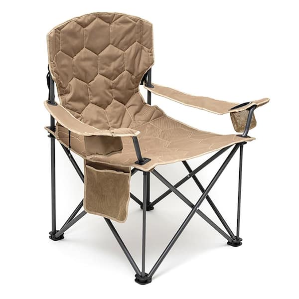 Clihome Outdoor Metal Frame Khaki Color Folding Beach Chair Lounge Chair with Side Pocket and Bottle Opener