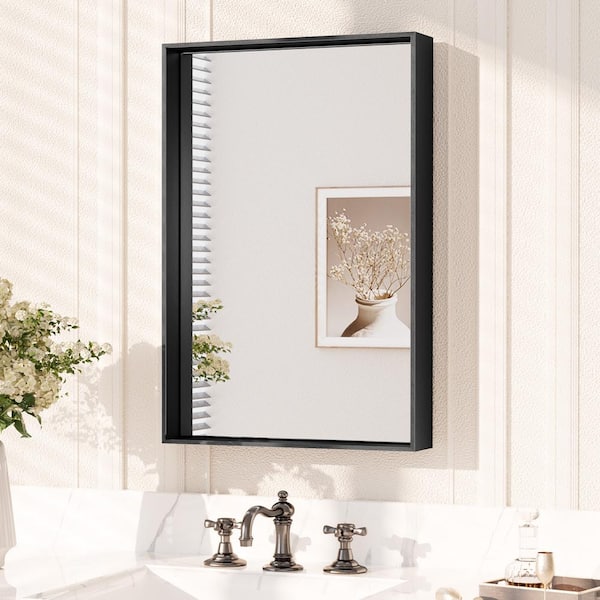KeonJinn 16 in. W x 24 in. H Rectangular Aluminum Square Corner Framed Wall Mount Bathroom Vanity Mirror in Matte Black