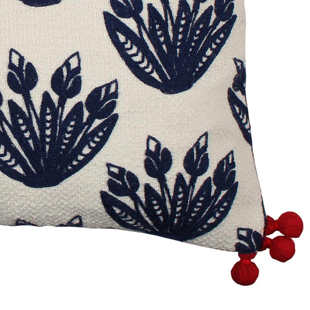 Navy Floral Embroidered Square Throw Pillow with Red Pom Poms
