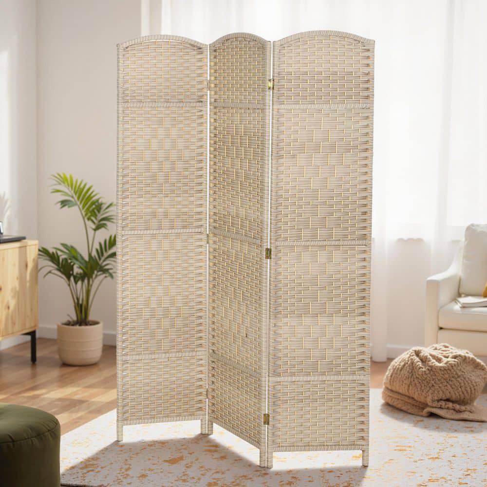 70.9 in. Washed Oak Folding Privacy Screen, Hand-Woven Wall Partition 3-Panel Room Divider for Home Office, Bedroom
