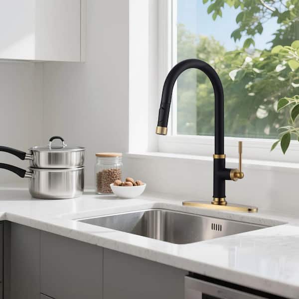 Single Handle Pull Down Sprayer Kitchen Faucet with 2-Water Modes Stainless Steel in Black and Gold