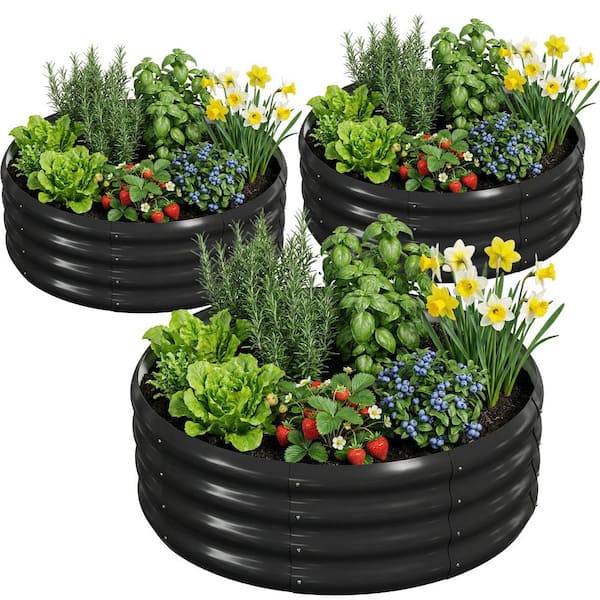 3-Pack Round Galvanized Raised Garden Bed, 3 ft. W x 1 ft. H Metal Garden Bed Outdoor, Above Ground Planter Box, Black