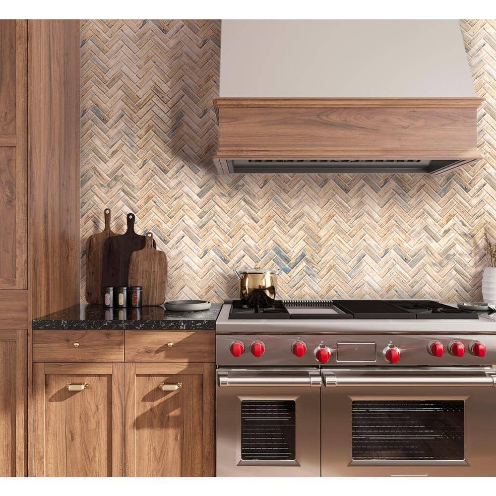 Beige and Blue Recycled Glass Herringbone Mosaic Tile