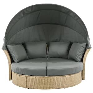 Brown Wicker Rattan Outdoor Day Bed with Gray Cushions and Gray Retractable Canopy