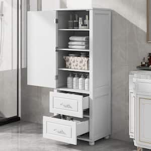 White Wood Tall Bathroom Storage Cabinet with 2-Drawers and Adjustable Shelf