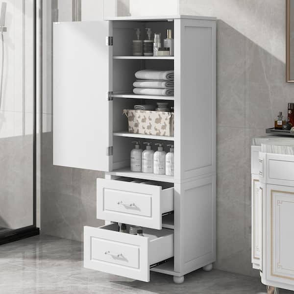 J E Home White Wood Tall Bathroom Storage Cabinet with 2 Drawers and Adjustable Shelf GD WF297136AAA