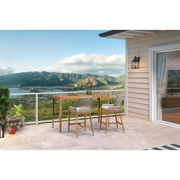PURPLE LEAF Modern Aluminum Rectangle Counter Height Top Table and Wicker Outdoor Bar Stool Set with White Cushions, 3-pack