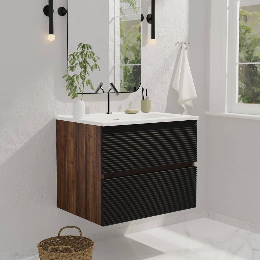24 in. Wall-Mounted Floating Bath Vanity in Walnut and Black with Single Ce