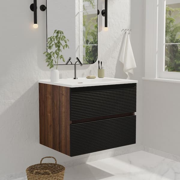 24 in. Wall-Mounted Floating Bath Vanity in Walnut and Black with Single Ceramic Sink Top in White