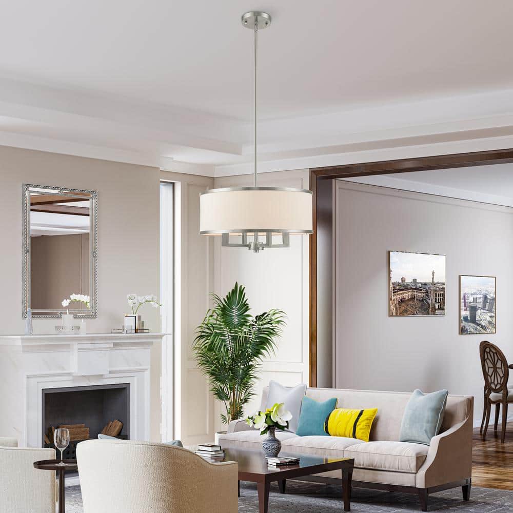Elegant Brushed Nickel 4-Light Chandelier with Off-White Drum Shade