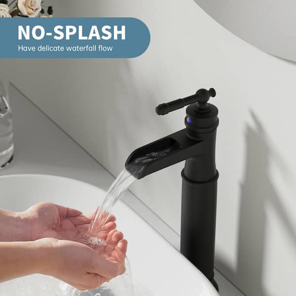 Waterfall Single Hole Single-Handle Vessel Sink Faucet Bathroom Faucet With Pop-up Drain Assembly in Matte Black