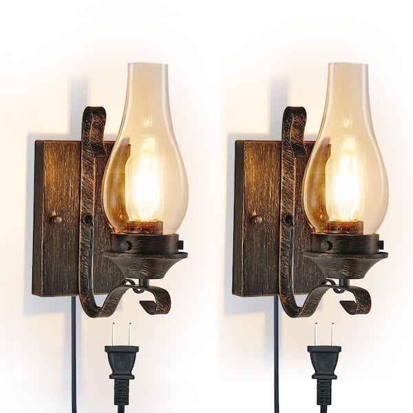 (2-Pack) 12.2 in. 1-Light Vintage Black Industrial Plug-in Wall Sconce with Glass Shade, Only Supports Plug-in(No Bulbs)