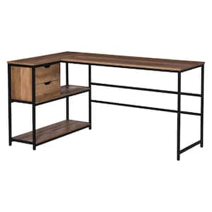 35.5 in. W Black/Brown Steel Frame L-Shaped Home Offie Computer Desk with Storage Shelves, 2-Dawers