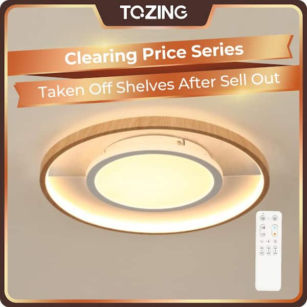 TOZING 15.75 in. White and Wood Dimmable Integrated LED Modern Novel Double Circle Shape Flush Mount Ceiling Light with Remote