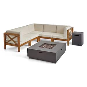 Culatra Teak Brown 7-Piece Wood Patio Fire Pit Sectional Seating Set with Beige Cushions
