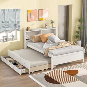 White Wood Frame Full Size Platform Bed with Bookcase, Trundle and 3-Drawers