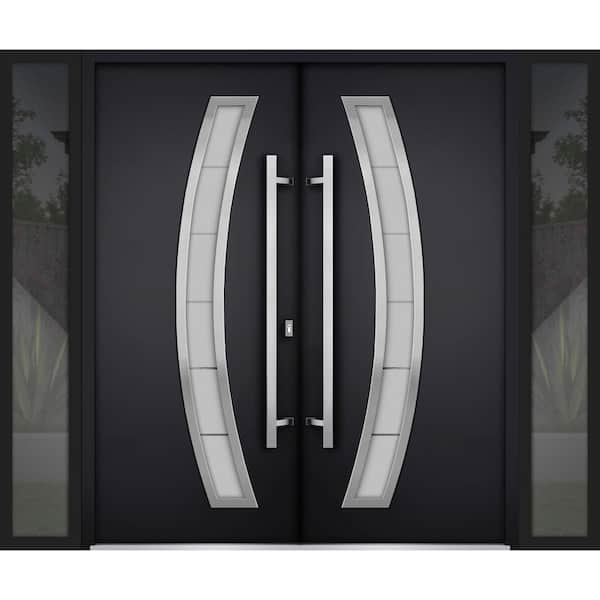 VDOMDOORS 6500 100 in. x 80 in. Left-hand/Inswing 2 Sidelites Tinted Glass Black Enamel Steel Prehung Front Door with Hardware