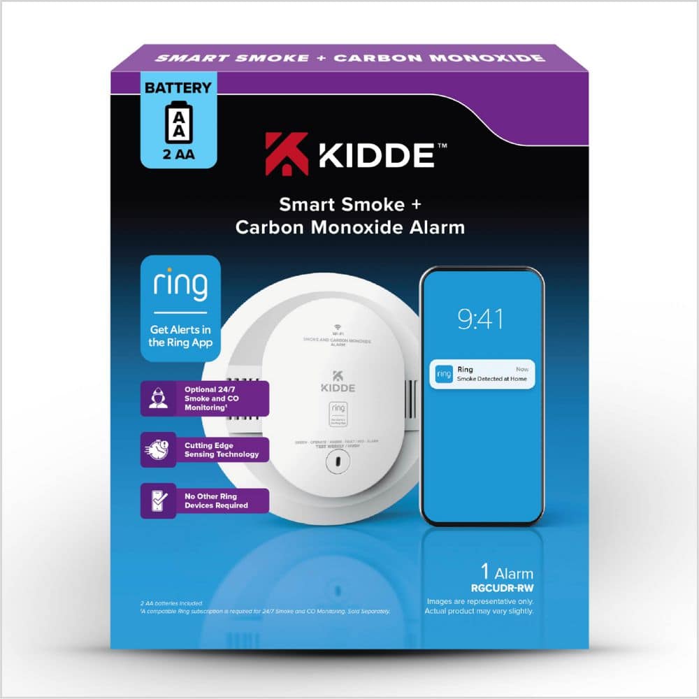 Condition photo showing New/Like New for kidde battery powered ring app enabled smart smoke & carbon monoxide detector, voice alerts, wire-free interconnect alarm