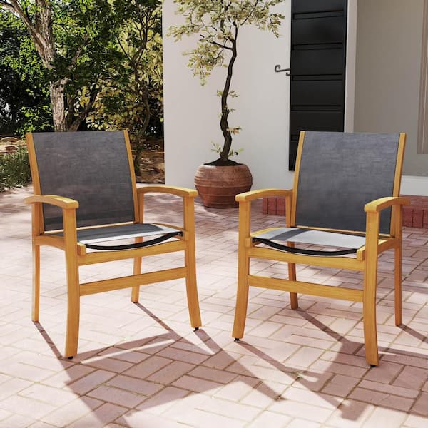 Outdoor Dining Chairs Acacia Wood Patio Chairs with Breathable Fabric Seat (Set of 2)