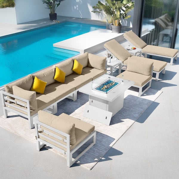11-Piece White Aluminum Outdoor Patio Conversation Set with Beige Cushion, Deep Seating Lounges and Fire Pit Table