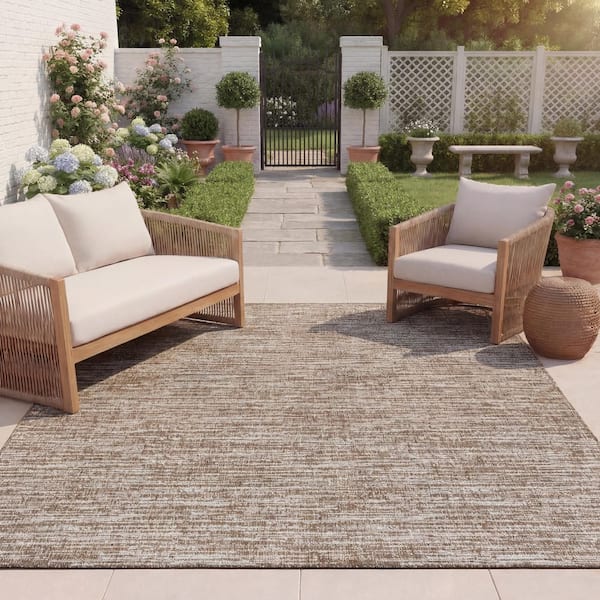 Beach House 7 ft. x 7 ft. Square Brown/Ivory Distressed Striped Solid Indoor/Outdoor Area Rug