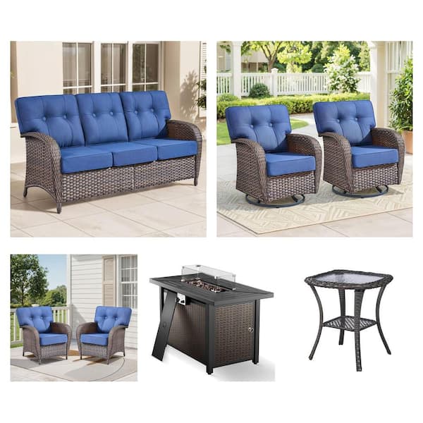 Seaside Wicker Sofa, 2-Piece Rocking & Lounge Chairs with Blue Cushions, 43 in. Fire Pit Table and Side Table Combo