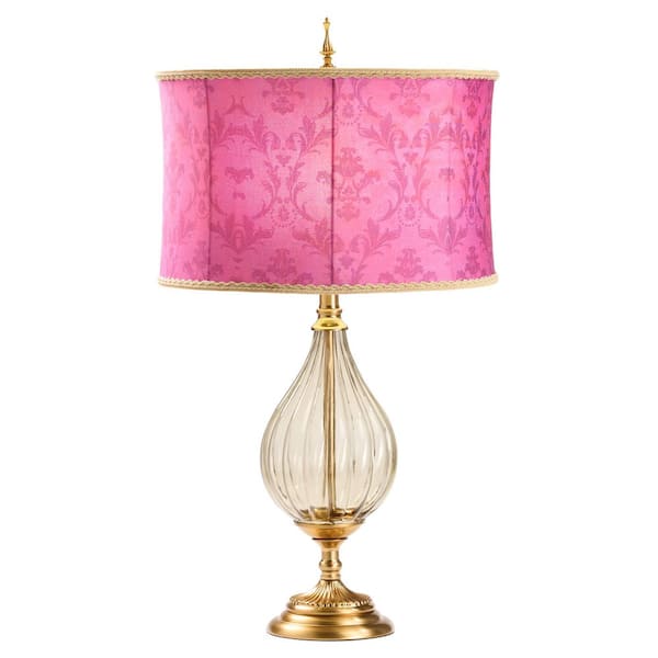 Vera 30.5 in. Gold Geometric Table Lamp with Fuchsia Fabric Shade