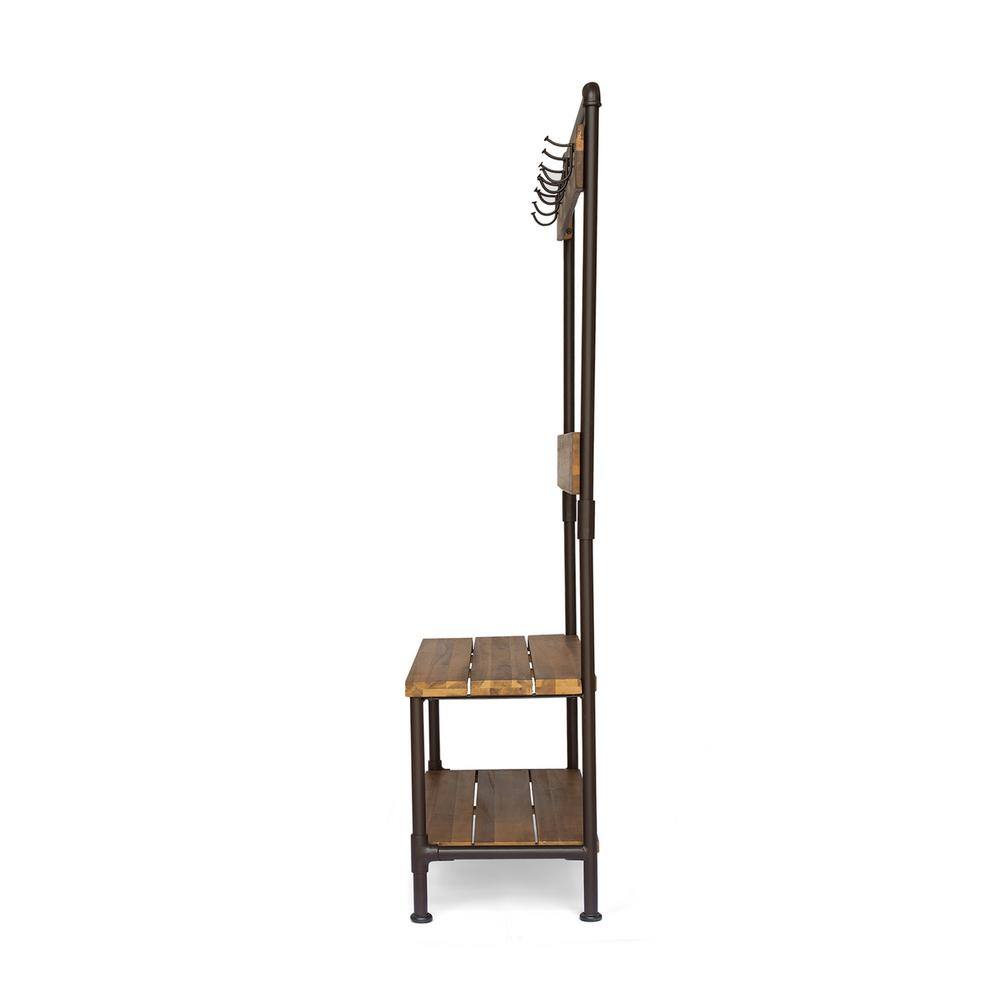 Teak and Rustic Metal Outdoor Bench with Shelf and Hooks