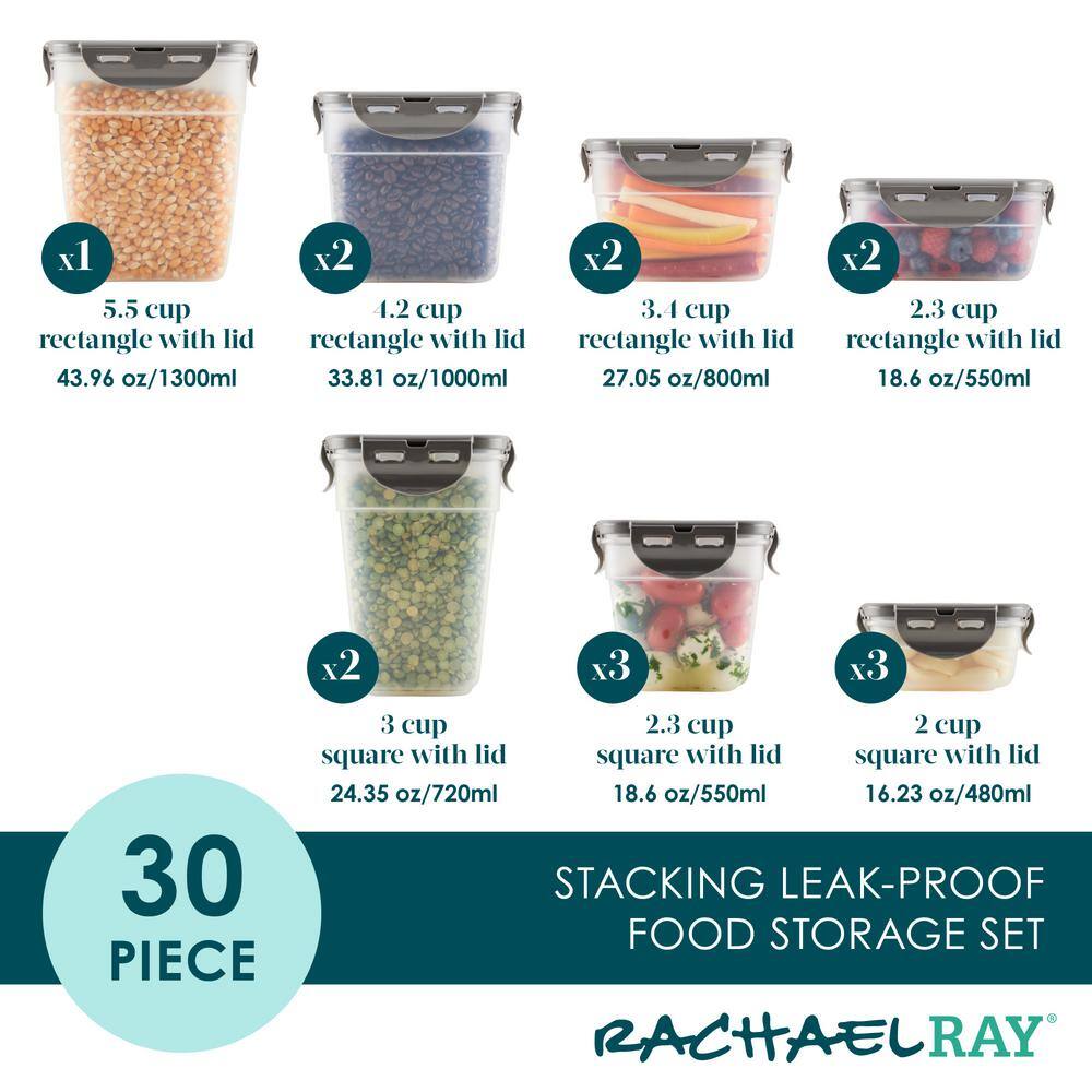 Gray BPA-Free Plastic Meal Prep Food Storage Container Set, 30-Piece