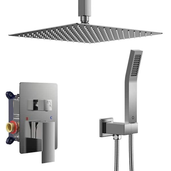 12 in. 2-Jet High-Pressure Rainfall Bathroom Shower System in Brushed Nickel with Square Head and Handheld Shower