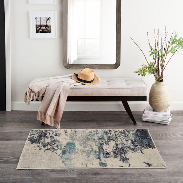 Celestial Ivory/Teal doormat 2 ft. x 4 ft. Abstract Modern Kitchen Area Rug