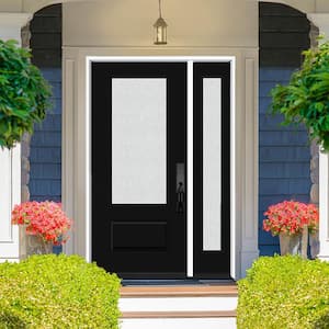 Legacy 51 in. x 80 in. 3/4 Lite Rain Glass RHOS Primed Black Finish Fiberglass Prehung Front Door with 12 in. SL