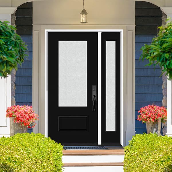 Legacy 53 in. W. x 80 in. 3/4 Lite Rain Glass LHIS Primed Black Finish Fiberglass Prehung Front Door with 14 in. SL