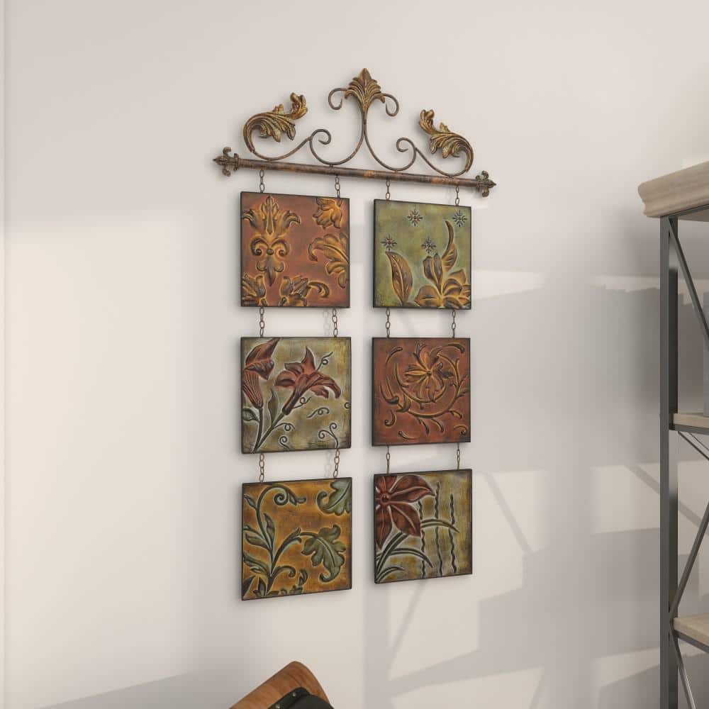 Multi-Colored Metal Botanical Wall Sculpture with Embossed Panels