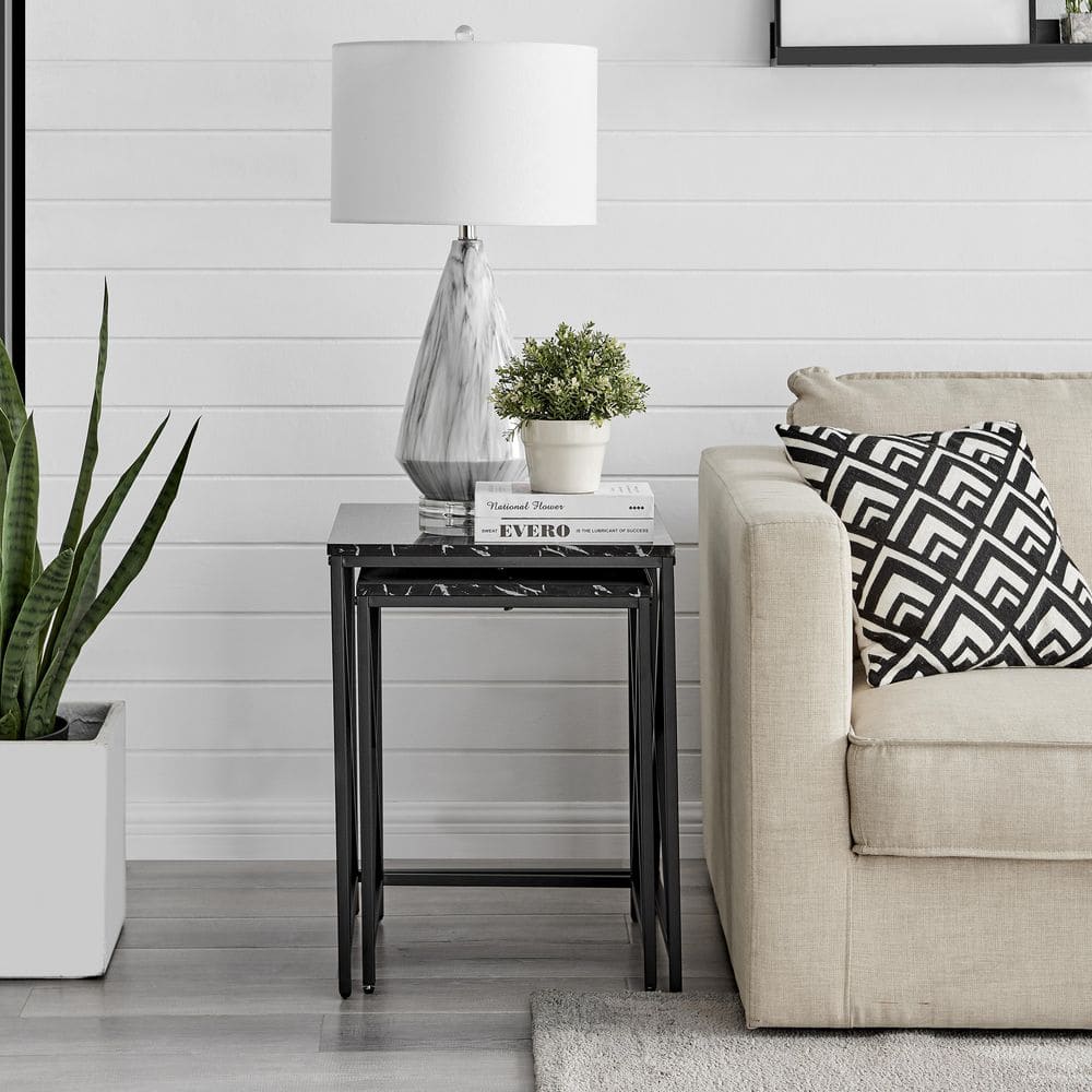 Modern Faux Marble and Black Metal Nesting End Table Set