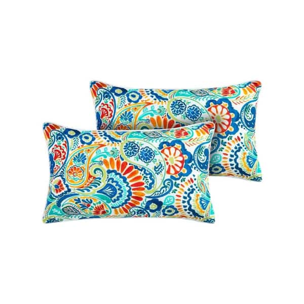 Blue Paisley Rectangular Outdoor Bolster Pillow with Insert 2-Pack