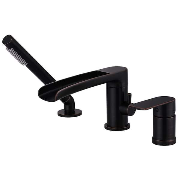 Single-Handle Tub Deck Mount Roman Tub Faucet with 360° Swivel Waterfall Spout with 59 in. Hose in Oil Rubbed Bronze