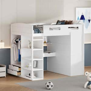 Full Size Loft Bed with Desk, Wardrobes, 4 Drawers and 4 Shelves-White