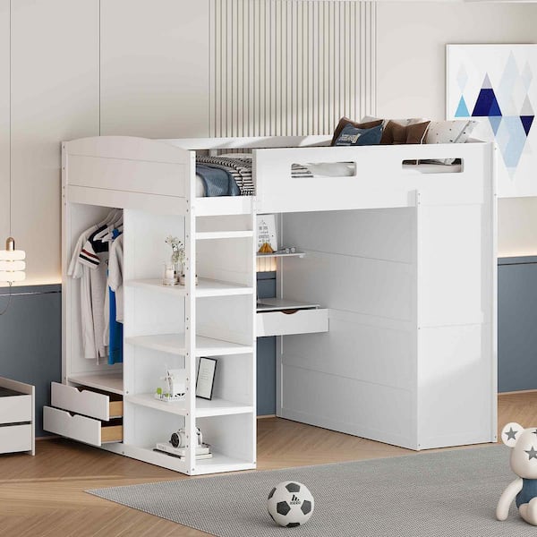 Polibi Full Size Loft Bed with Desk, Wardrobes, 4 Drawers and 4 Shelves-White