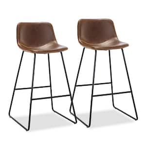 30 in. Dark Brown Faux Leather Bar Stools Metal Frame Counter Height Bar Stools with Low Back (Set of 2)