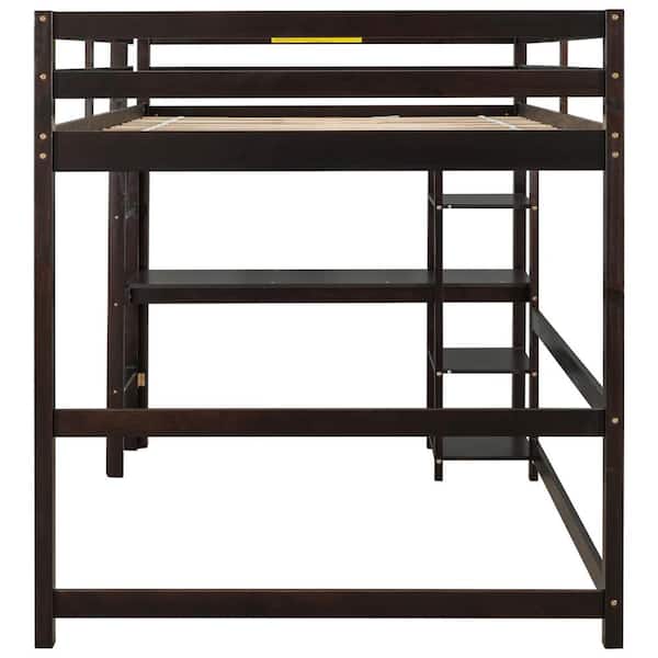 ANBAZAR Espresso Full Wood Frame Loft Bed with Bookshelves and Desk Full Kids Loft Bed with Ladder Wood Loft Bed