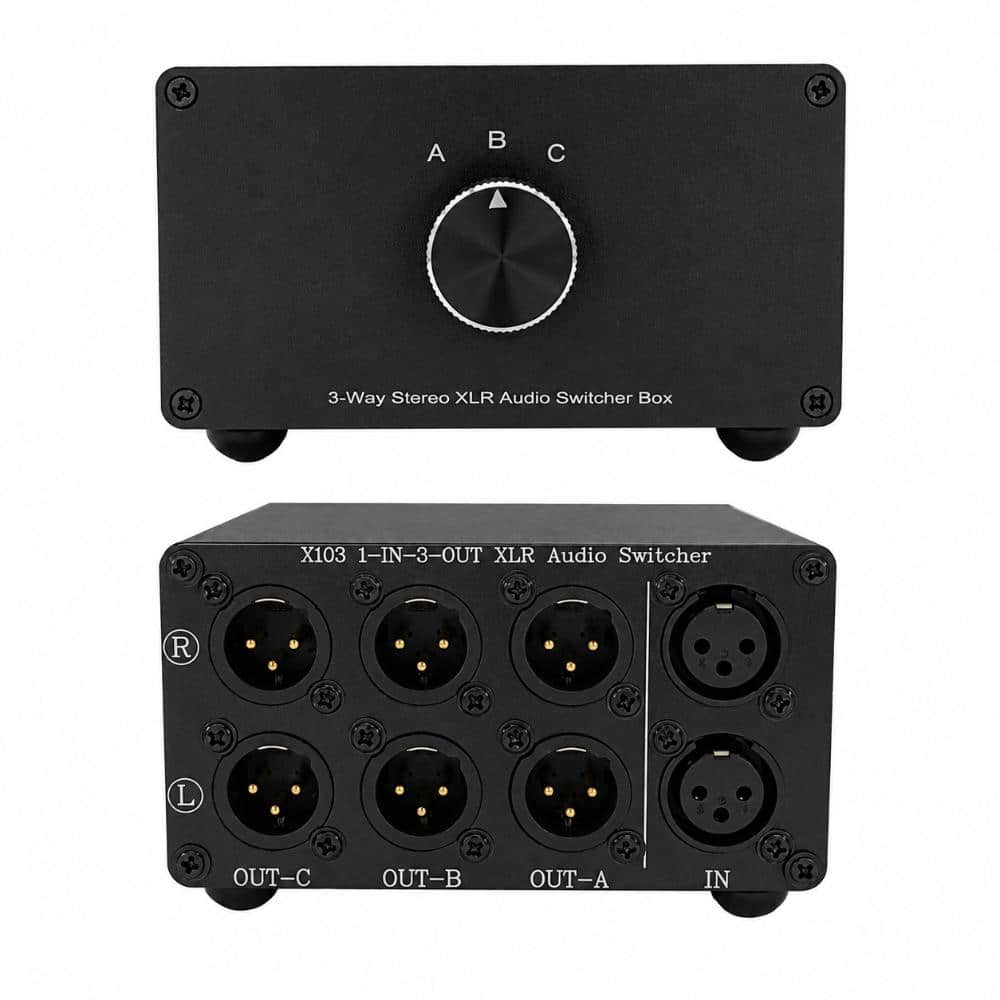 Three Channel XLR Balanced Audio Selector Box 1 in 3 out Passive Metal Speaker Selector 4.72 in by 3.94