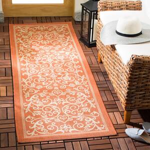 Courtyard Terracotta/Natural 2 ft. x 8 ft. Border Scroll Floral Indoor/Outdoor Patio  Runner Rug