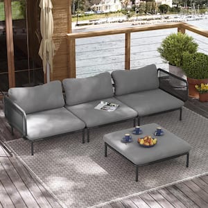 4 Piece Metal Outdoor Sectional Sofa with Dark Gray Cushions 8-Armrest