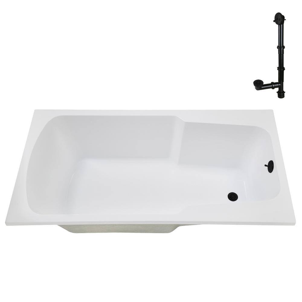 60'' Glossy White Acrylic Drop-In Soaking Bathtub with Matte Black Drain