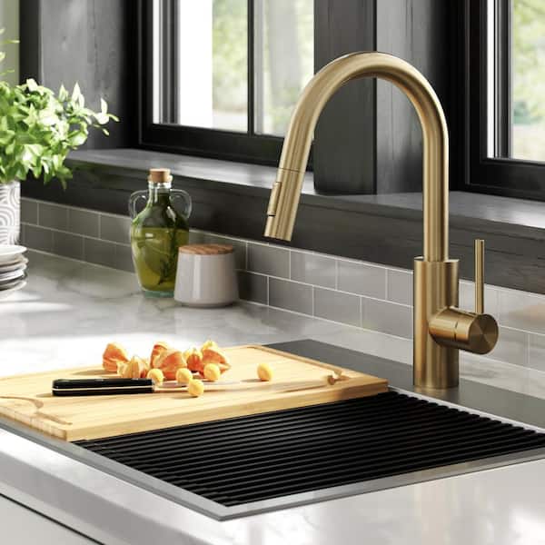 KRAUS Oletto Single Handle Brushed Brass & Matte Black Pull-Down Kitchen  Faucet