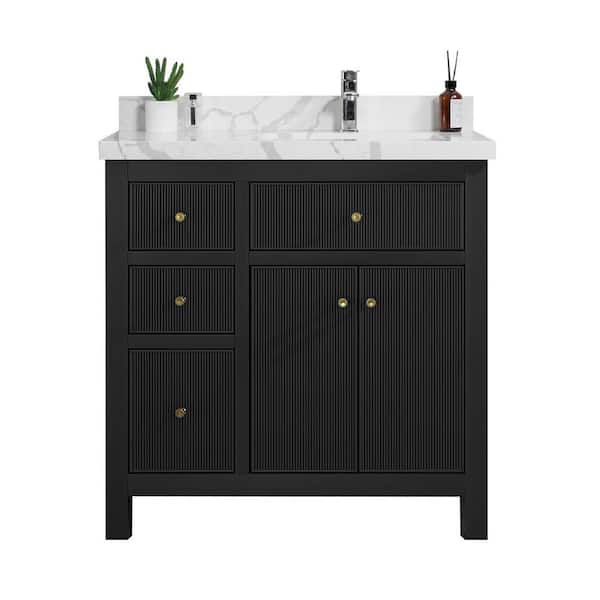 Willow Collections Sonoma 36 in. W x 22 in. D x 36 in. H Right Offset Sink Bath Vanity in Black with 2 in Calacatta Quartz Top