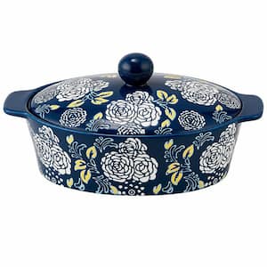 1-Piece Oval Ceramic Porcelain Casserole Dish Set with Lid, 81.16 oz, Oven, Microwave, Dishwasher Safe, in Blue
