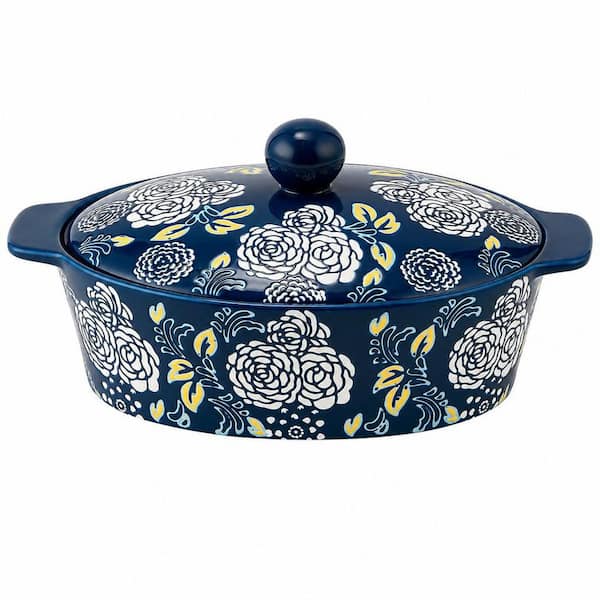 1-Piece Oval Ceramic Porcelain Casserole Dish Set with Lid, 81.16 oz, Oven, Microwave, Dishwasher Safe, in Blue