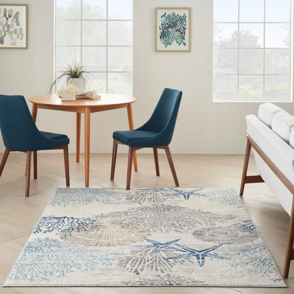 Pompeii Ivory Gray Blue Coastal Synthetic 4' x 6' Area Rug